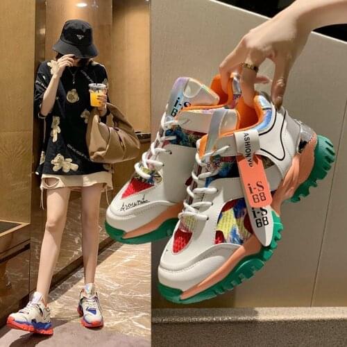 Womens Sneakers Shoes 2021 Fashion Autumn Wild Women Wedge Vulcanize Shoes Lace-up Mid-heel Mesh Shoes Casuals Tenis Feminino