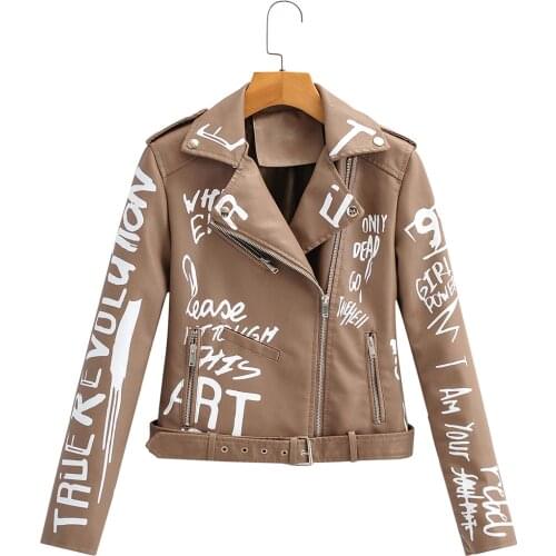 New Spring Autumn Women Winter Faux Soft Leather Jackets Coats Lady Black PU Rivet Zipper Epaulet 3D print Motorcycle Streetwear