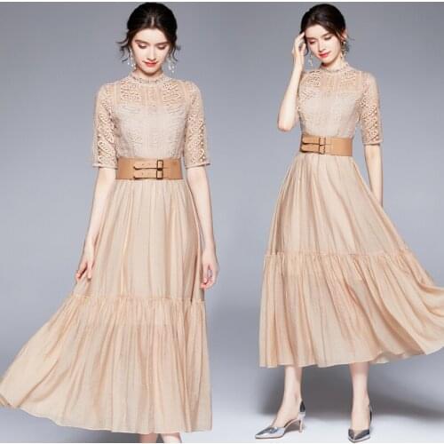 Summer Womens New Elegant Waist Slim-Fit Temperament Cutout Short-Sleeve Lace Dress with Belt