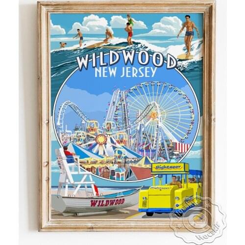 New Jersey Wildwood Travel Scenic Spot Advertising Poster, Surfing Sports Amusement Park Sightseer Montage Art Prints Decor