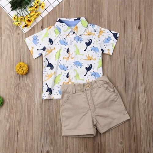 1-5 Years Boys Outfits Cute Animal Dinosaur Print Shirt Boys Tops Solid Khaki Shorts Suits Children Outfits Boys Clothing Set