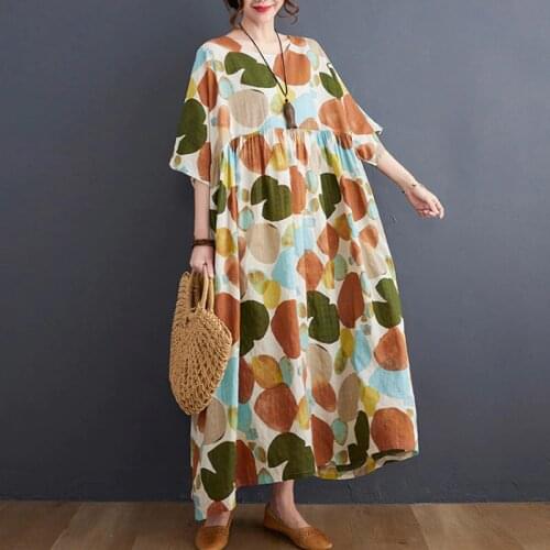 Plus Size 4XL 5XL 6XL Cotton Dresses For Women Vintage Short Sleeve Polka Dot Maxi Dress Oversize One Piece Linen Boho Dress 5XL
