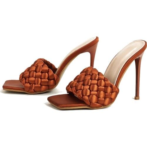 2021 NEW Sexy Satin Braid Square Head High Heels Slippers Sandals Summer Fashion Slip On Open Toe Slides Women Mules Party