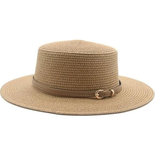 Panama women hats solid khaki black white belt band straw hats dress formal church flat top 7.5cm brim beach sun protection hats