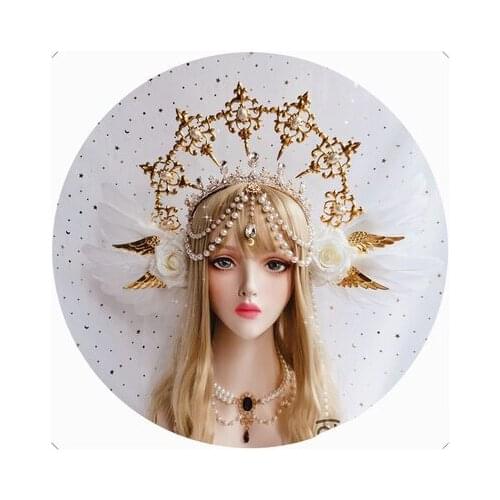 Gorgeous White Rose Angel Wings KC Gothic Lolita Court Crown Halo Aperture Princess Queen Pope Props Cosplay Notre Dame Headband