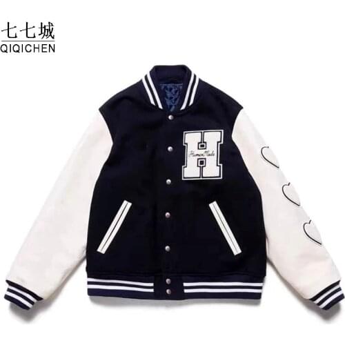 Vintage Baseball Jackets Men Street Letter Furry Heart Flocking Varsity Bomber Jacket College Casual Chaqueta Loose Couple Coat