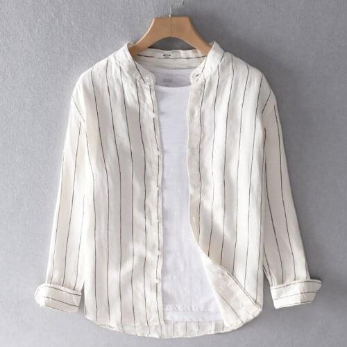 High quality men linen long sleeve shirt stand collar stripe shirts for men casual fashion shirt mens spring shirts male chemise