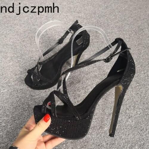 Womens Sandals The New Summer Fashion Fish Mouth Open Toe Buckle Crystal Fine Heel High Heel Women Shoes Plus Size 35-47