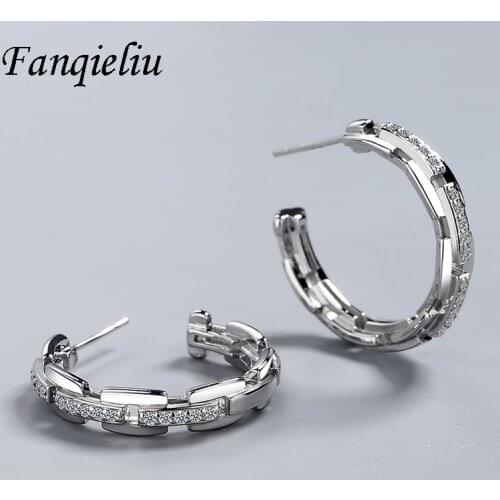 Fanqieliu Real 925 Sterling Silver Silver Earrings For Women Gift Wedding Jewelry Crystal Big C Shape Earring Studs FQL21007