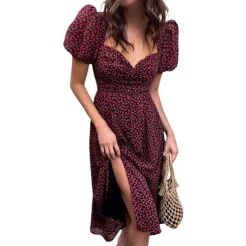Summer Dress Women Sexy Vintage Floral Print Slim Long Length Puff Short Sleeve Dress Square neck puff sleeves French Dress 2021