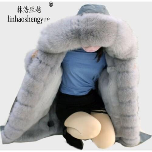 Linhaoshengyue Winter Women Outwear Thick Parkas Natural Real Fox Fur Collar Coat Rabbit Lining