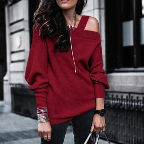 2021 Elegant Slash Neck Solid Knitted Sweatshirt Women Spring Sexy Off Shoulder Straps Tops Ladies Casual Long Sleeve Pullover
