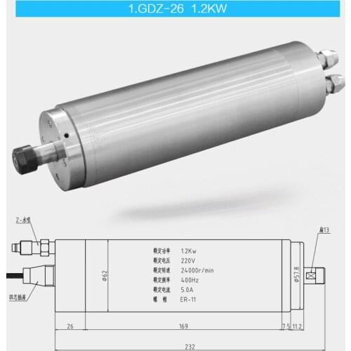 62mm diameter 800w /1.2kw water-cooled spindle motor Jade carving machine carving machine spindle