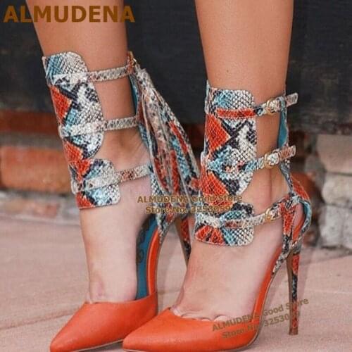 ALMUDENA Sexy Multi Snakeskin Dress Shoes Stiletto Heels Fringe Gladiator Pumps Orange Poineted Toe Tassel Buckle Strap Shoes
