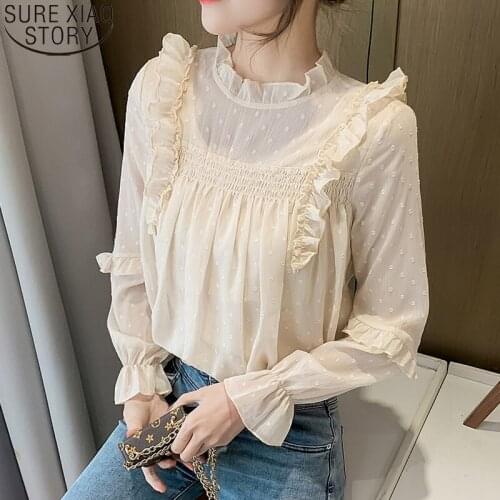 Sweet Loose Apricot Blouses Autumn Long Sleeve Chiffon Blouse Women Ruffles Tops Casual O-neck Shirts Clothes Blusa Mujer 16628