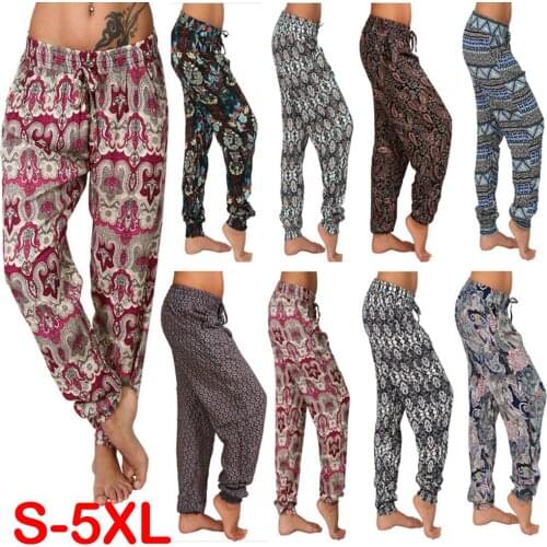 Summer Pants Women Casual Plus Size 5XL Strap Digital Print Elastic Waist Drawstring Loose Long Pants Fashion 8 Colors Trousers