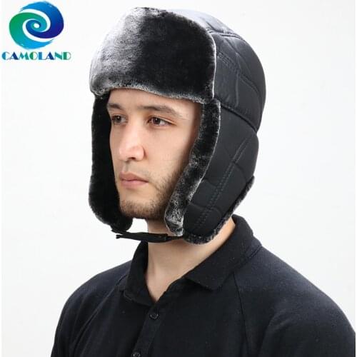 CAMOLAND High Quality PU Leather Bomber Hats Men Thermal Faux Fur Earflap Caps Russian Ushanka Trapper Hat Male Warm Snow Caps