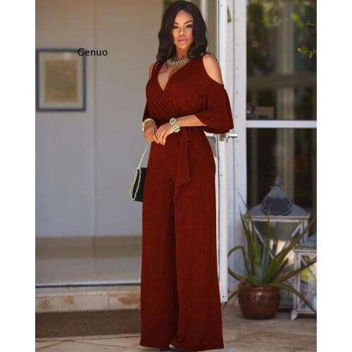Women Cold Shoulder Wide Leg Pants Jumpsuits Female Overalls Sexy Party Jumpsuit Womens Loose Plus Size Jumpsuits