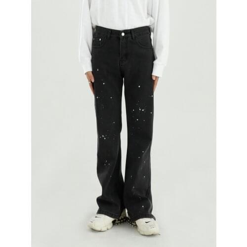 Mens Jeans Black Gray Retro Wash Personality Boot Cut Pant Korean Version Trendy Jeans Men Fashion Offset Printing Denim Pants