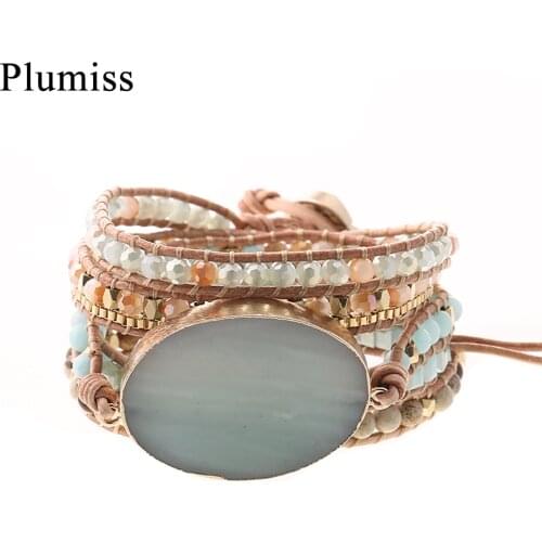 Ethnic Amazonite Wrap Bracelets Geometric Confident Natural Stone Handmade Braided Adjustable Womens Bracelet Bohemian Jewelry