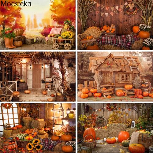 Autumn Pumpkin Photography Background Wood Floor Haystack Props Fall Photophone Halloween Backdrop Child Cake Smash Photo Studio