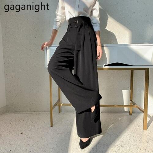 Gaganight Black Wide Leg Pants Woman High Waist Pants Sashes Pockets Office Lady Suit Pants Trendy Casual Daily Female Trousers