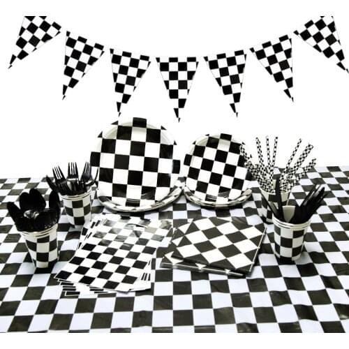 Racing car Birthday party supplies for Kids paper plates Cups Black white plaid Disposable tableware Chess Theme Party favors
