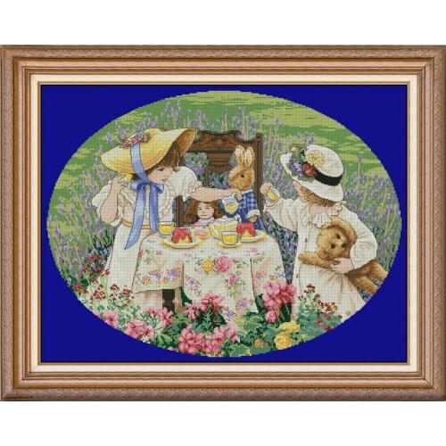 COTTON FREE delivery hot sell Top Quality cross stitch kit Afternoon tea Dimensions 35152, two girls and dolls flower