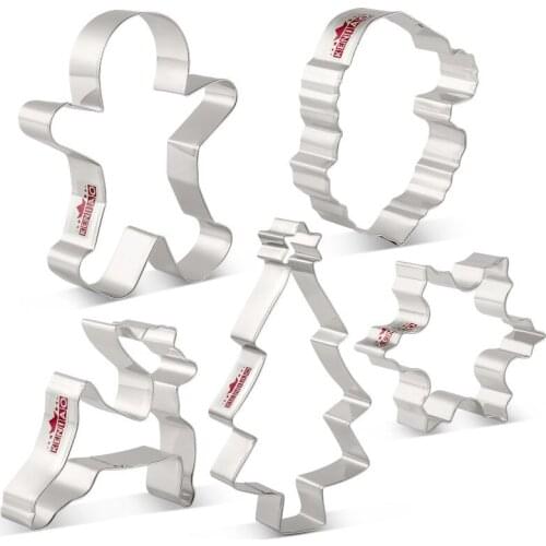 KENIAO Christmas Cookie Cutter Set - 5 Piece - Snowflake, Christmas Tree, Gingerbread Man, Santa Face, Leaping Reindeer Cutter