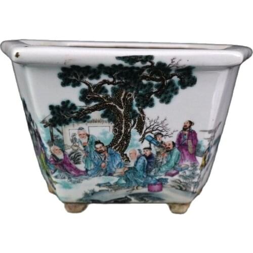 Chinese Old Porcelain Pastel Flower Pot With Figure Painting Pattern
