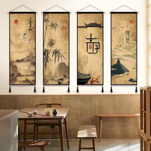 Chinese Style Ink Painting Landscape Canvas Painting Buddhist Zen Wall Art Poster Living Room Wood Scroll Wall Hanging Decor