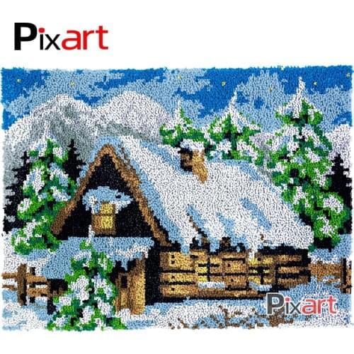 Latch Hook Rug Snow Cottage Crocheting Wall Tapestry Kits DIY Carpet Rug Chunky Yarn Needlework Knitted Floor Mat Hobby & Crafts