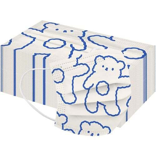50pcs Cosplay White Disposable Mask Kids Bear Printed 3ply Filters Children Cartoon Mouth Masks Halloween Costume Mascarillas