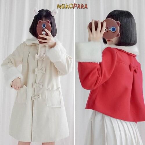 Square Cat Cute Coat Lolita Bowknot Sweet Winter Outwear Detachable Fur Collar&Cuffs Warm 2 Colors 2 Type