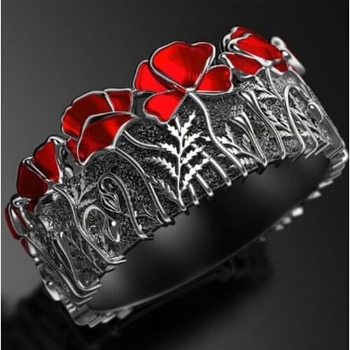 Fashion Enamel Metal Silver Color Rings Unique Fine Jewelry Scarves Red Painted Flower Ring Gifts for Women Girls