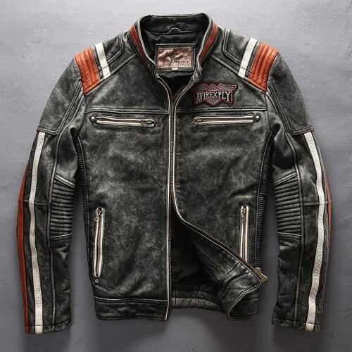 Mens Biker Genuine Motorcycle Coat Vintage Distressed Embroidery Skull Patch Stand Collar Real Cow Leather Jacket