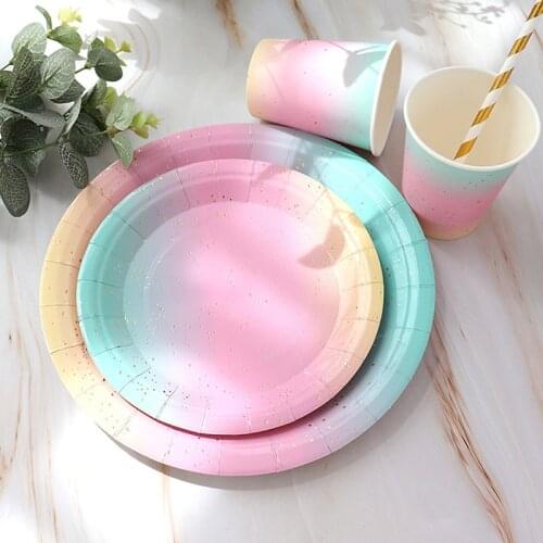 10pcs Birthday Party Disposable Tableware Set Disposable Paper Plate Straw Cup Rainbow For Wedding Birthday Decoration