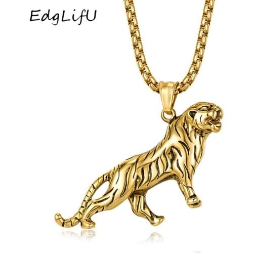 EdgLifU Mens Gold Tiger Pendnat Necklace Punk Cool Animal Necklaces Jewelry for Men Domineering Men 24"Box Chain Necklace