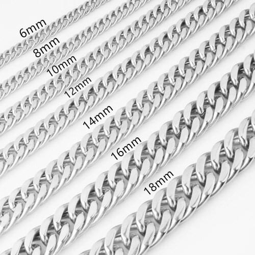 Granny Chic 6/8/10/12/14/16/18mm 7-40inch Boys Mens Curb Cuban Link Chain Necklace Silver Color 316L Stainless Steel Jewelry