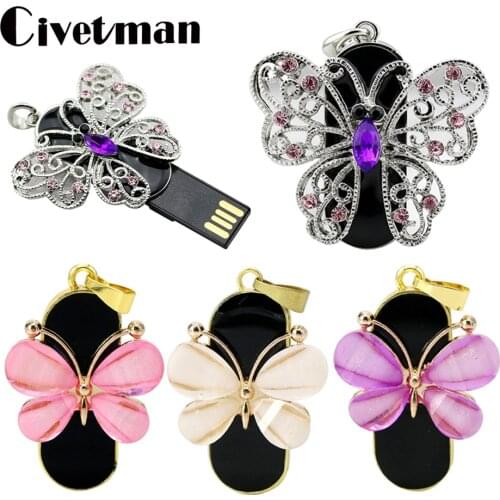 Personalized Crystal Necklace Butterfly USB Flash Drive 8GB 16GB 32GB 64GB 128GB Mini Pen Drive 256GBPendrive USB Memory Stick