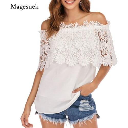 Sexy Slash Collar White Blouse 2021 Summer New Crochet Lace Sweet Shirt Cotton Cold Shoulder Chiffon Tops Blusas De Seda 14128