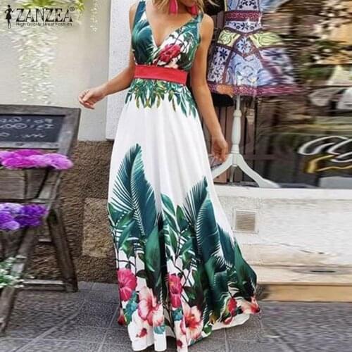 ZANZEA Summer Women V Neck Floral Printed Maxi Long Dress 2021 Casual Holiday Vestidos Robe Femme Bohemian Sleeveless Sundress