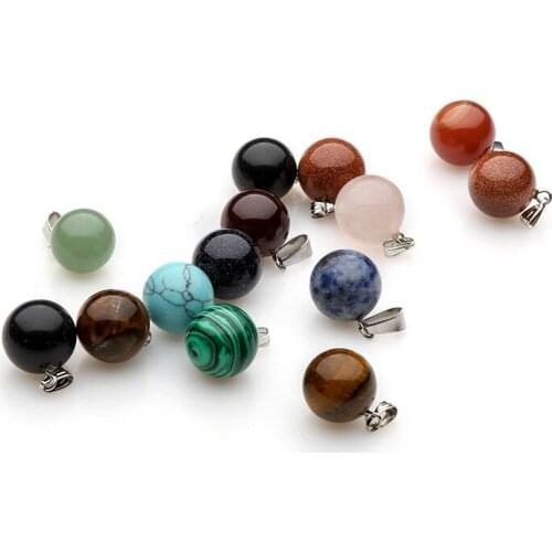 5Pcs 14mm Round Shape Necklace Pendants Natural Semi-precious Stone Crystal Agate Rose Quartz Pendants 9 Colors For Your Choice