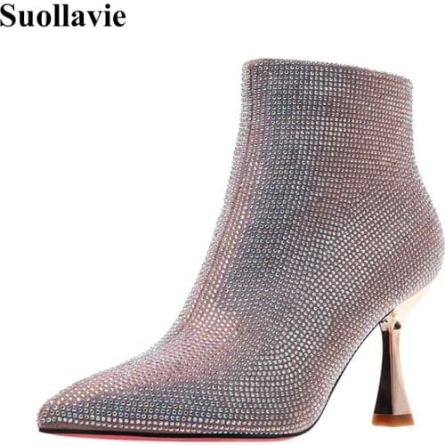 Suollavie Luxury Crystal Women High Boots Glitter Rhinestone botines mujer 2020 Nightclub Stripper shoes ladies Sumptuous botas
