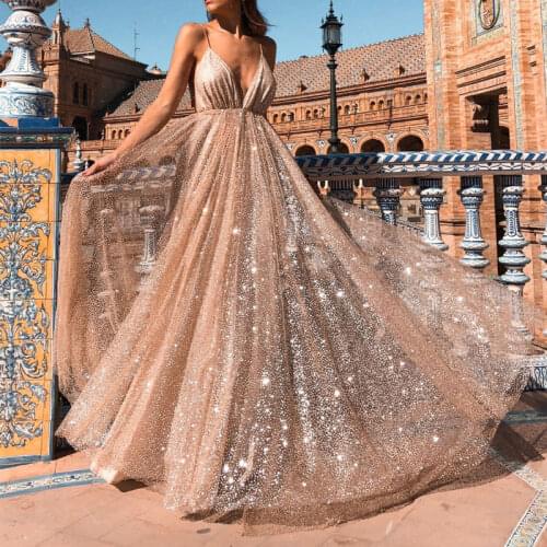 Party Spaghetti V Neck Glitter Maxi Dresses 2018 Elegant Women Long Dress Female Lady Floor Length Celebrity Vestidos