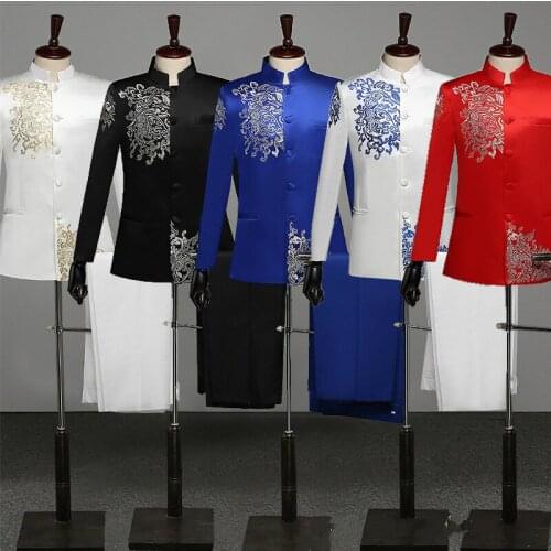 Embroidered Zhongshan Suit Men Chinese Tunic Suit Stage Choral Outfit Service Multicolor Long Sleeve Mandarin Suit Jacket+Pants