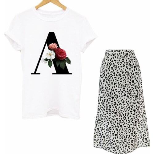 Summer Women Two Set Fashion Skirt Outfit 26 Alphabet Letter A To Z Alphabet Combination Flowers Print T Shirts Sexy Skirt Suit