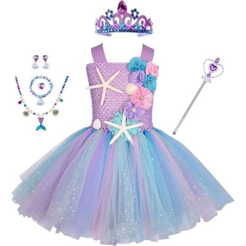 Girls Pastel Mermaid Tutu Dress Under the Sea Theme Birthday Party Costume with Flower Headband Ocean Flower Dresses 1-12Y