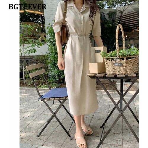 BGTEEVER Casual Turn-down Collar Single-breasted Women Dress 2021 Summer Ladies Solid Vestidos Short Sleeve Lace-up Female Dress