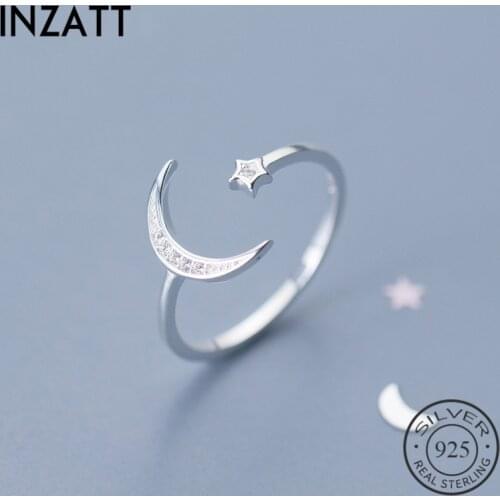 INZATT Real 925 Sterling Silver Zircon Moon Star Adjustable Ring For Charming Women Wedding Party Romantic Fashion Jewelry Gift